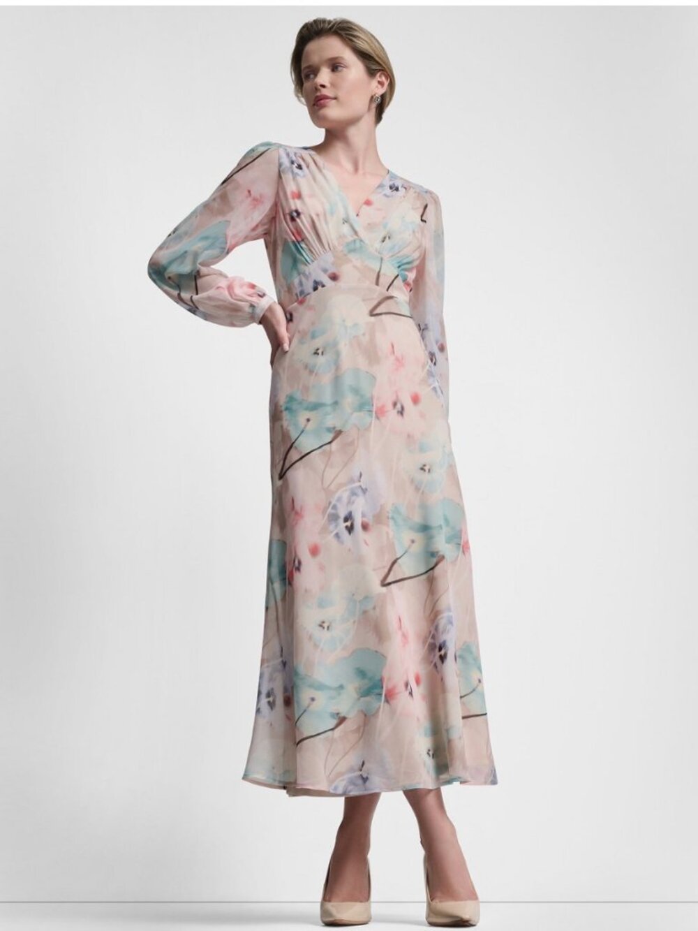 DKNY Floral Chiffon Long Sleeve Maxi Dress Belted Romantic Size 16
